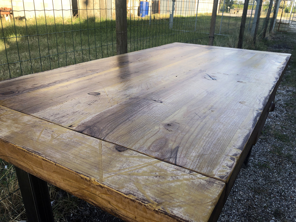 Tavolo fisso cucina e pranzo stile INDUSTRIAL SHABBY VISSUTO piano TOP abete 170x80xh78cm e gambe in ferro tubolare 8x8cm