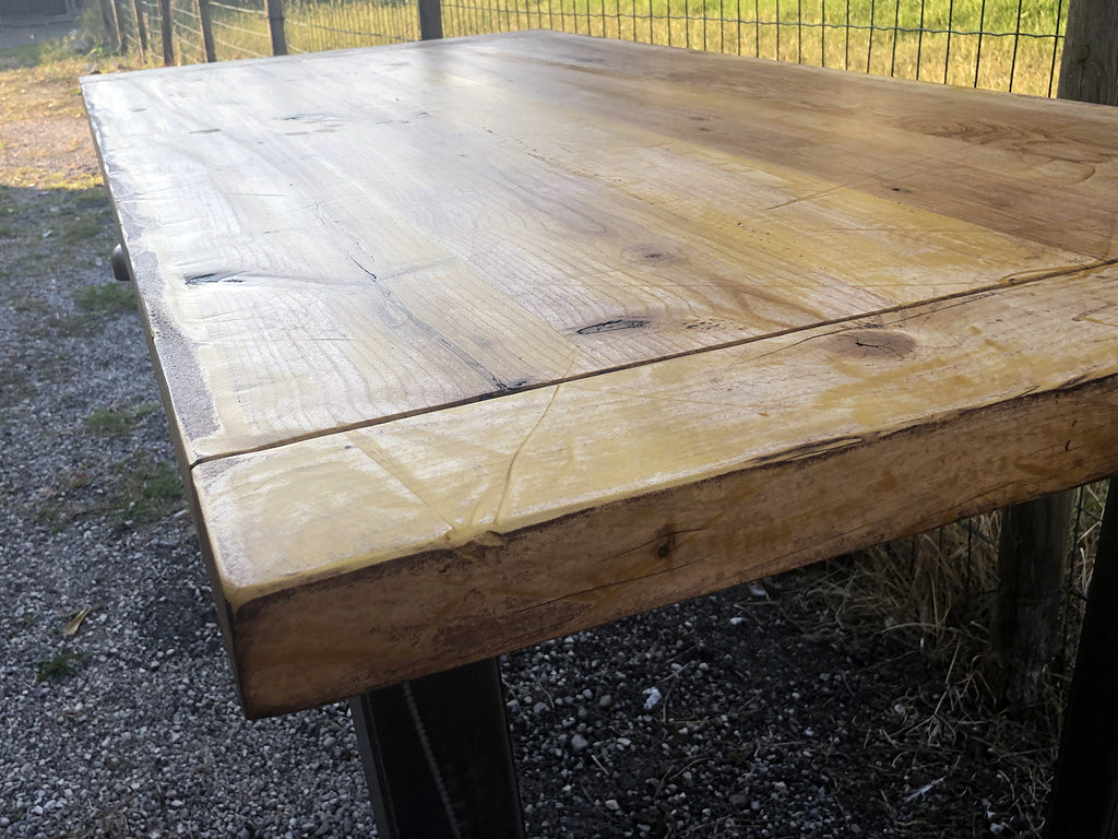 Tavolo fisso cucina e pranzo stile INDUSTRIAL SHABBY VISSUTO piano TOP abete 170x80xh78cm e gambe in ferro tubolare 8x8cm
