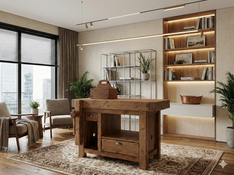 Banco Falegname per arredo con piano estraibile cassetto bifaciale e portabottiglie trasportabile misure 115-165x65h90 cm