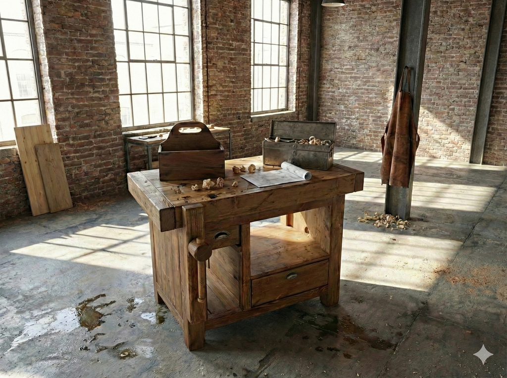 Banco Falegname per arredo con piano estraibile cassetto bifaciale e portabottiglie trasportabile misure 115-165x65h90 cm