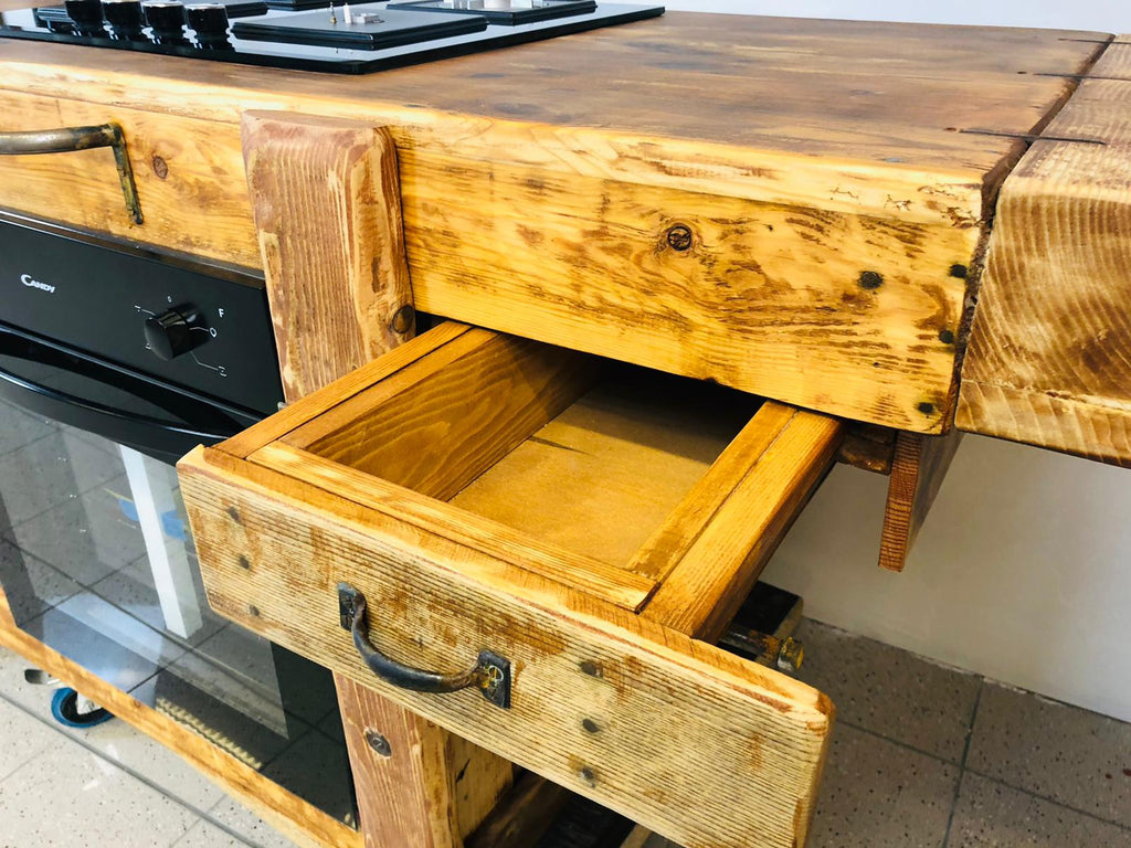 Linear style kitchen CARPENTER'S BENCH / INDUSTRIAL style in solid wood, predisposition for household appliances 250x70xh90 cm