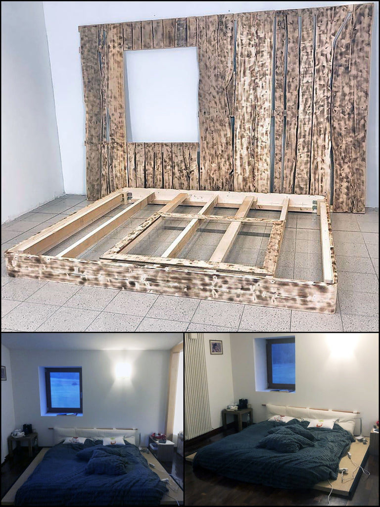Customized MODERN DOUBLE TURKISH BED FRAME + wall mounting in solid wood variable dimensions to be agreed