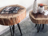 Tavolino rotondo da caffè INDUSTRIAL / RUSTICO in tronco d'albero legno spessore 10-13cm diametro variabile 30/50cm gambe in ferro a pinna