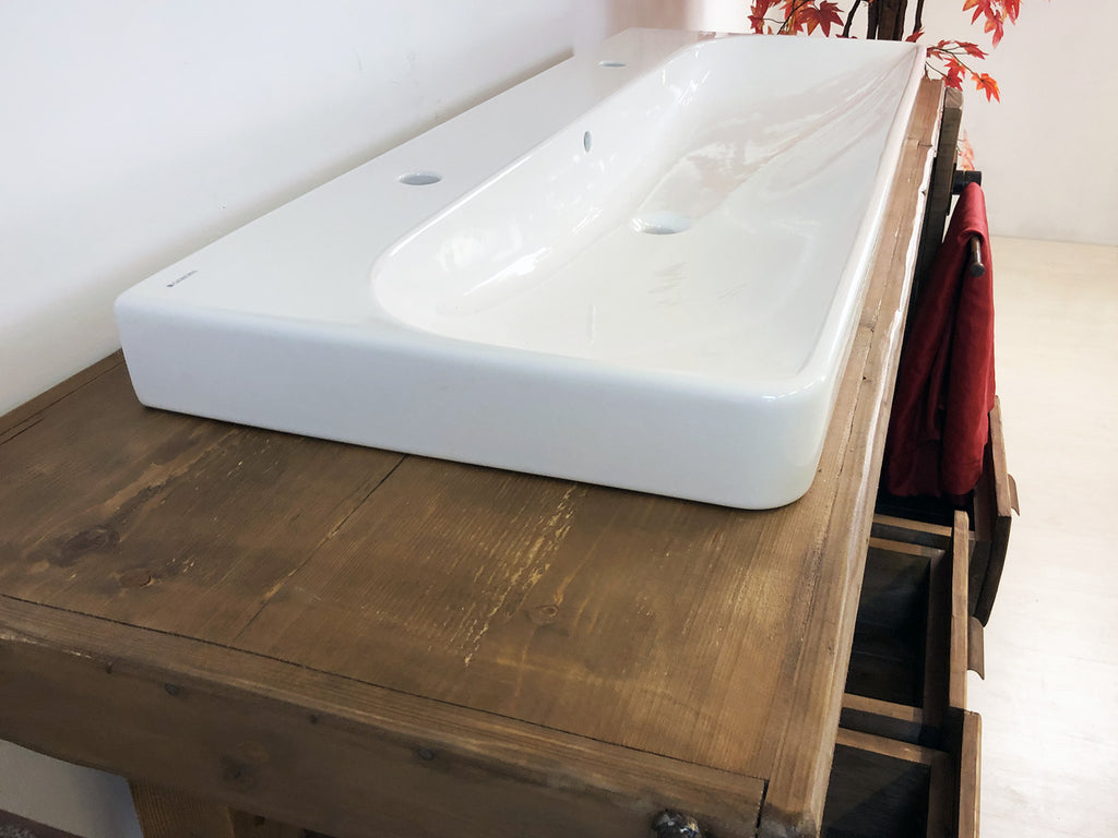 Mobile bagno stile BANCO DA FALEGNAME / INDUSTRIAL legno massello predisposizione lavabo rettangolare grande 116x58xh90 cm