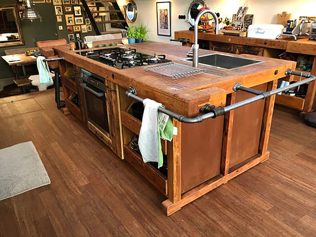 CARPENTER'S BENCH / INDUSTRIAL style kitchen island ALL in solid wood with preparation for household appliances 220x120xh90 cm