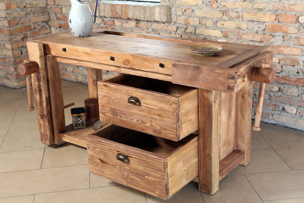 Carpenter's workbench for kitchen island furniture living room bathroom INDUSTRIAL style solid wood 2 drawers and 2 vices 170x70xh75 cm 