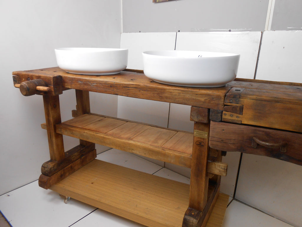 Mobile bagno stile BANCO FALEGNAME VISSUTO / INDUSTRIAL legno massello per 1/2 lavabi da appoggio opzionali 160x60xh85 cm