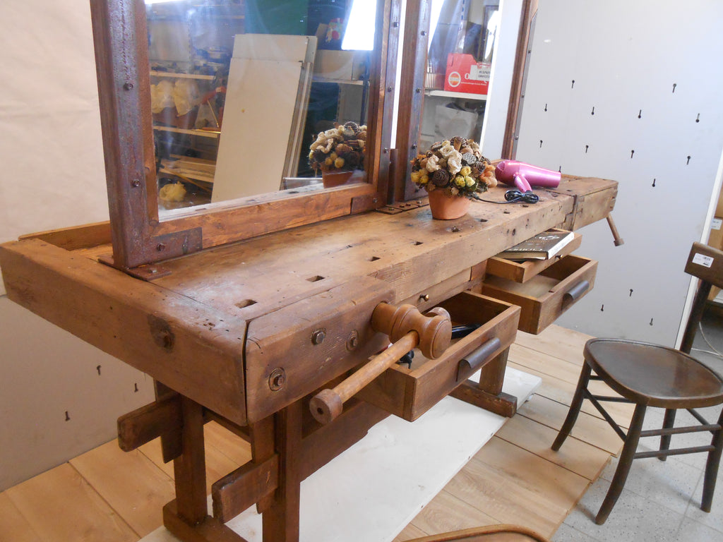 Carpenter's workbench for INDUSTRIAL style hairdresser shop furniture, mirrors and cabinet in solid wood 180x65xh85 cm