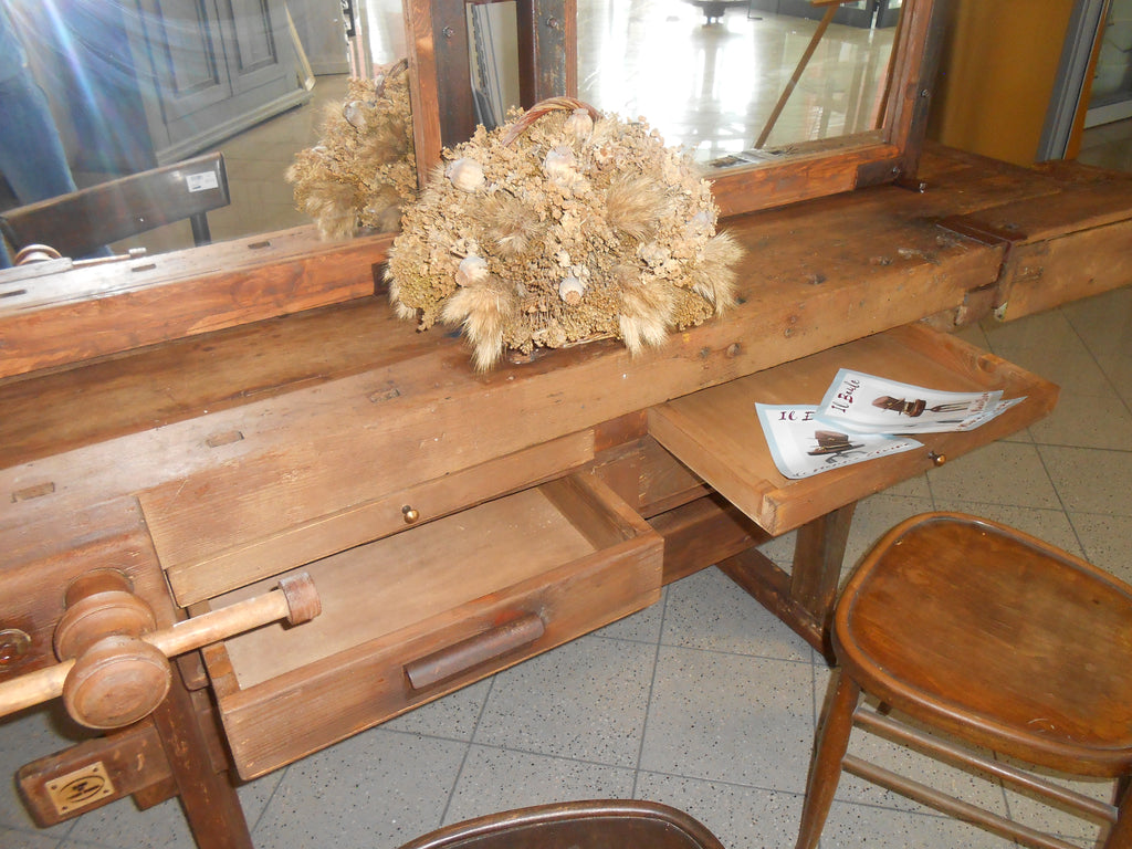 Carpenter's workbench for INDUSTRIAL style hairdresser shop furniture, mirrors and cabinet in solid wood 180x65xh85 cm