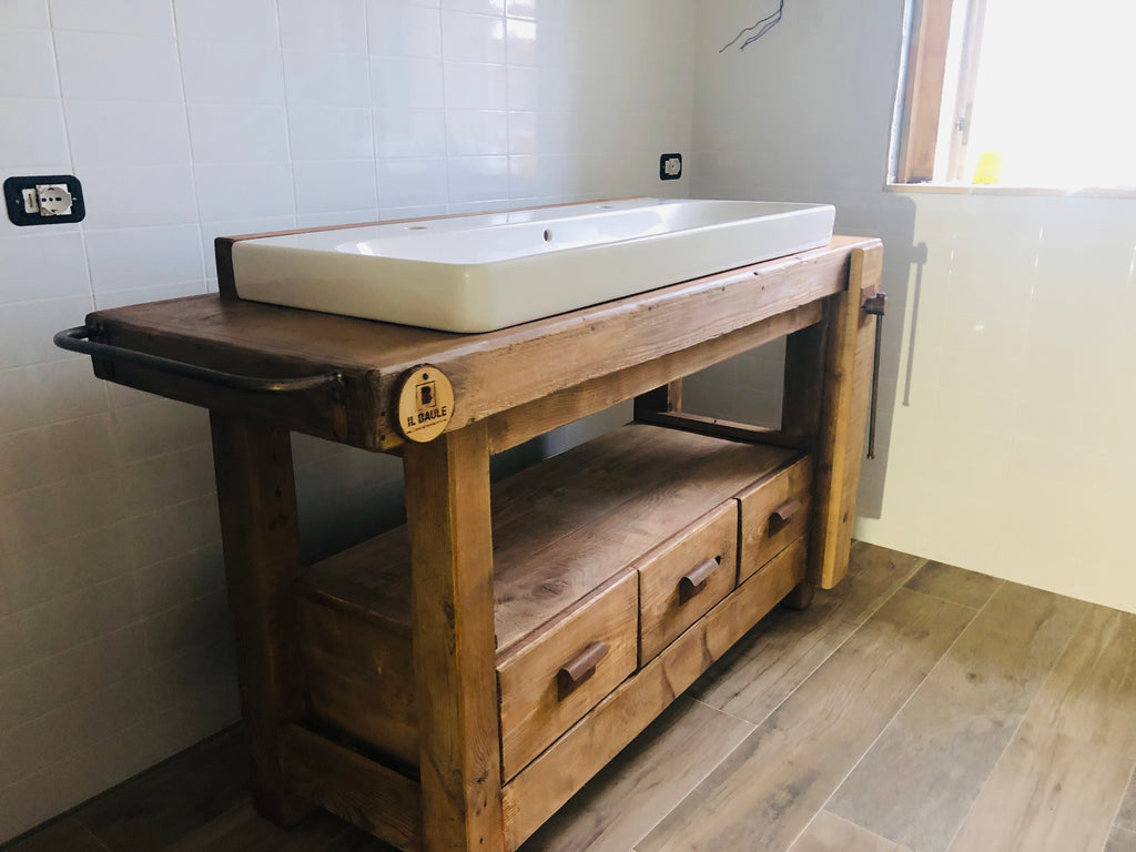 BANCO DA FALEGNAME / INDUSTRIAL style bathroom cabinet in solid wood, predisposition for large rectangular sink 116x58xh90 cm