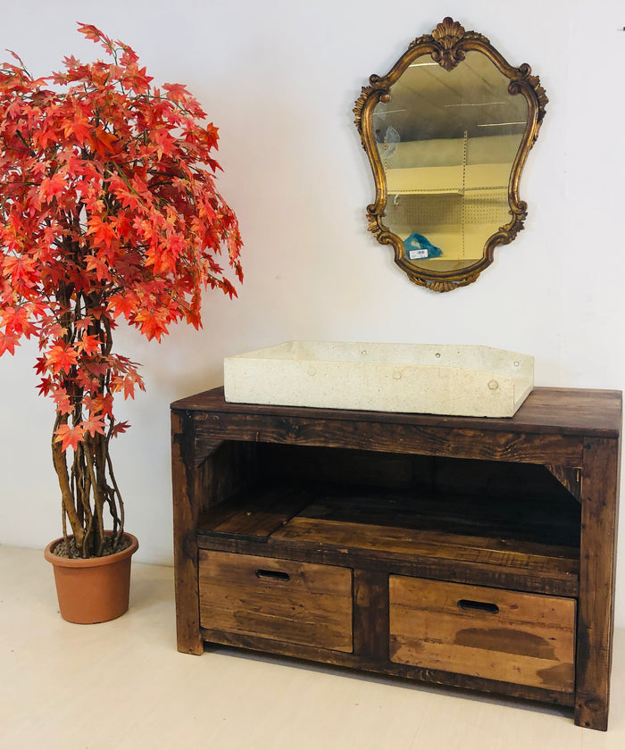 Mehrzweckmöbel Badezimmer Wohnzimmer Küche im COUNTRY FARM Stil Massivholz auch recycelt zwei Schubladen ein offenes Fach Maße 120x55xh80 cm