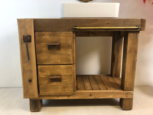 Bathroom cabinet in WORKBENCH / INDUSTRIAL style solid wood with drawers and vice and sink predisposition dimensions 110x60xh80 cm