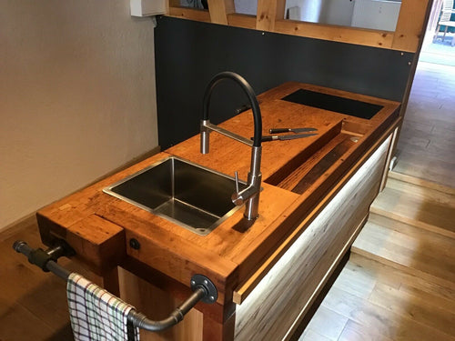 Kücheninsel im Stil INDUSTRIE/SCHREIBBANK, VOLLSTÄNDIG Massivholz, mit Vorbereitung für Geräte, 235 x 70 x 90 cm