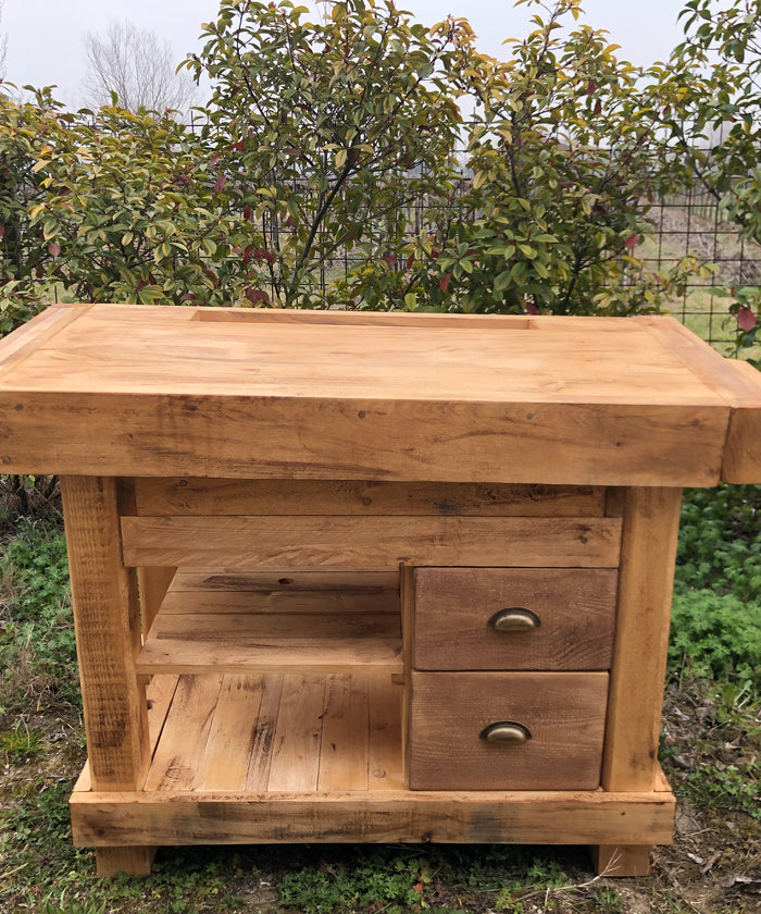 Carpenter's workbench for kitchen living room furniture BAR INDUSTRIAL style solid wood 2 drawers and vice 150x70xh80 cm