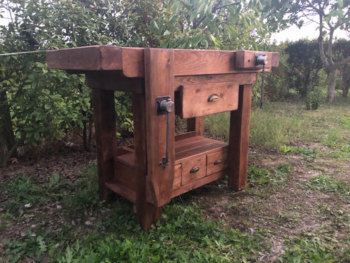 Carpenter's workbench for kitchen island furniture in INDUSTRIAL style, solid wood, four drawers, two vices, 160x60xh85 cm