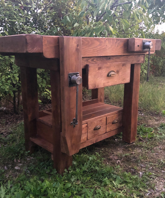 Carpenter's workbench for kitchen island furniture in INDUSTRIAL style, solid wood, four drawers, two vices, 160x60xh85 cm