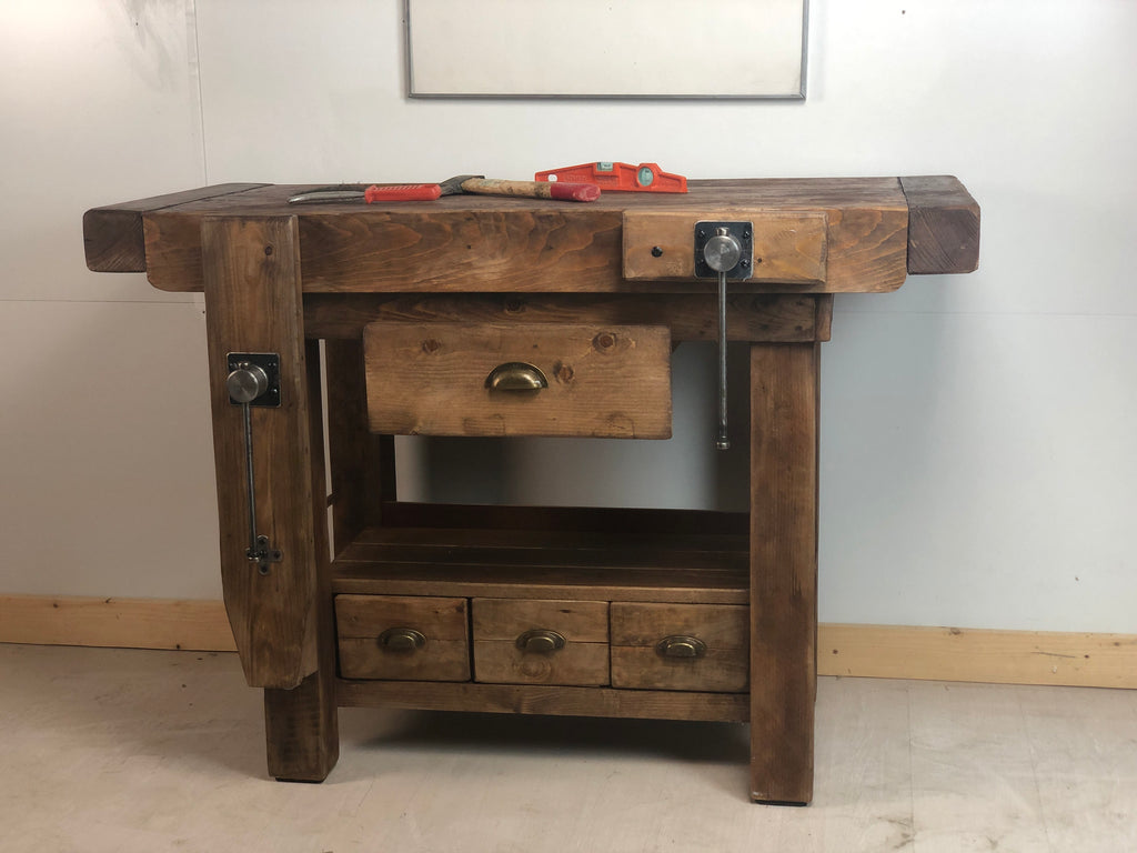 Carpenter's workbench for kitchen island furniture in INDUSTRIAL style, solid wood, four drawers, two vices, 160x60xh85 cm