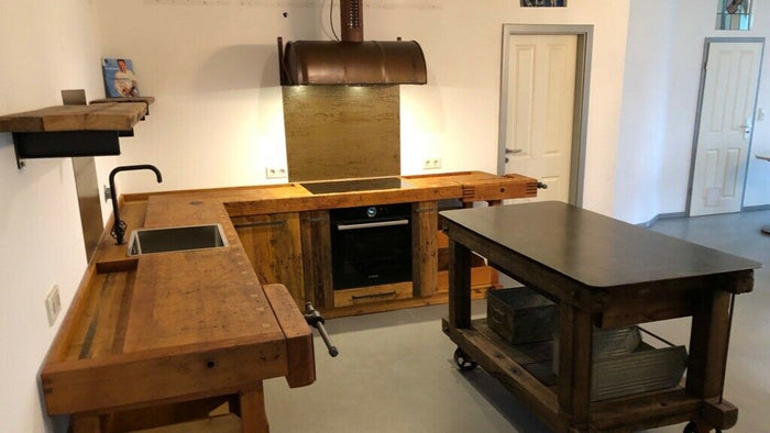 Corner kitchen style WORKBENCH / INDUSTRIAL ALL in solid wood predisposition for appliances optional island on wheels 300x240x65xh90 cm