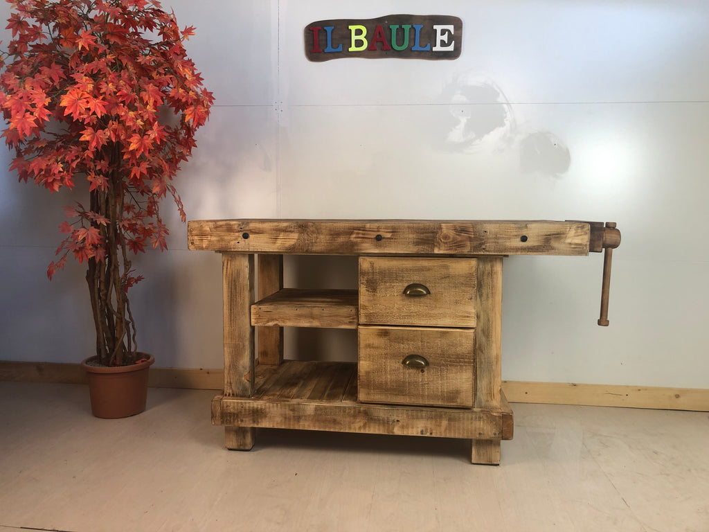 Carpenter's workbench for kitchen and living room furniture INDUSTRIAL style in solid wood with drawers and vice 160x70xh80 cm