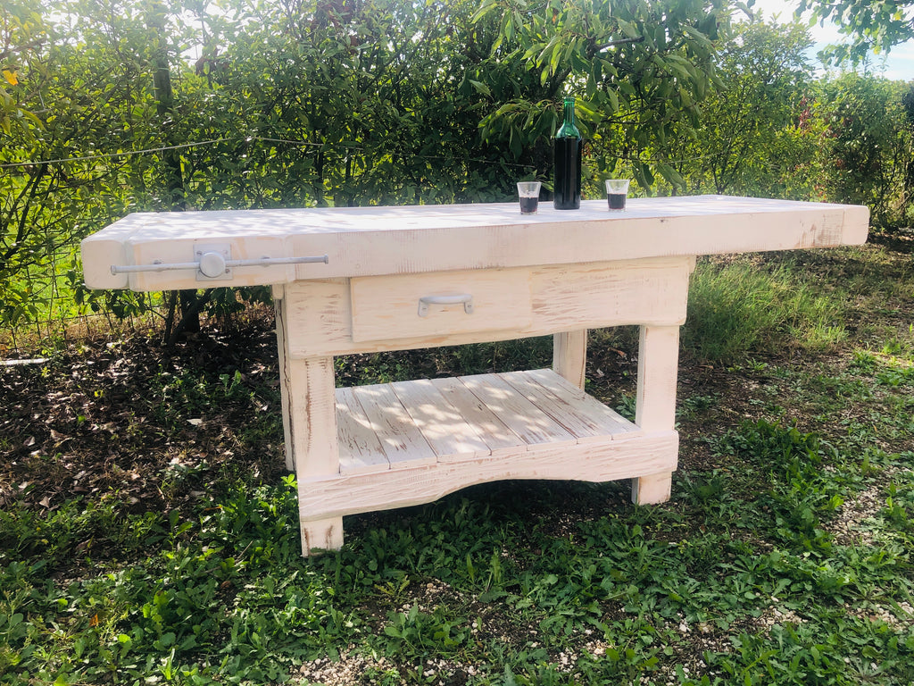 Carpenter's workbench for kitchen island furniture mixed style INDUSTRIAL solid wood in white SHABBY 190x70xh80 cm