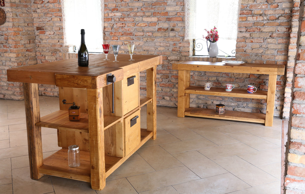 Carpenter's workbench for shop furnishing or kitchen island INDUSTRIAL style solid wood 4 drawers vice 180x80xh100 cm