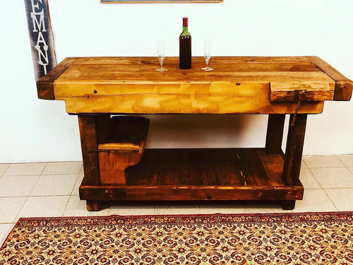 Carpenter's workbench for kitchen island furniture, living room BAR corner INDUSTRIAL style, solid wood with vice and glass holder 165x70xh90 cm