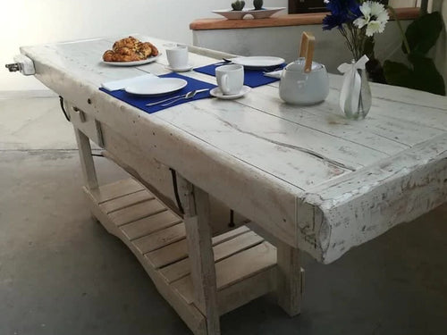 Banco Falegname per arredo cucina attività commerciali stile INDUSTRIAL / SHABBY legno massello invecchiato 190x70xh80 cm