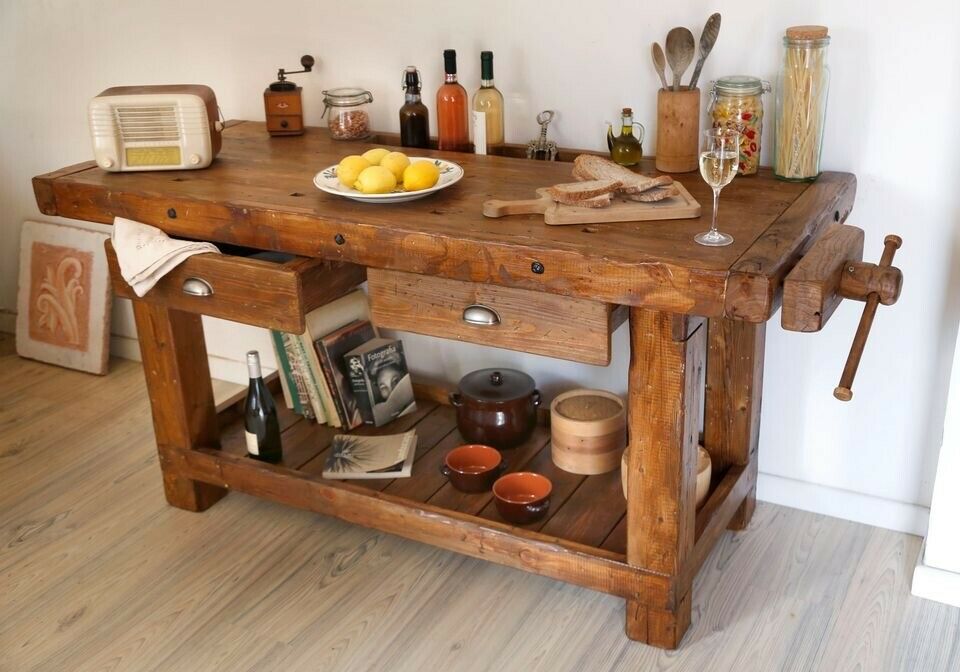 Carpenter's workbench for kitchen island living room BAR corner INDUSTRIAL style solid wood drawers and vice 150x63xh85 cm