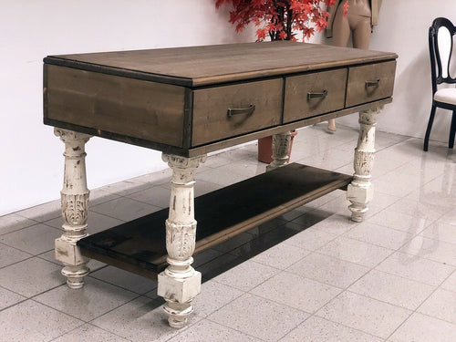 Raised table Mixed style kitchen island console COUNTRY / SHABBY solid wood drawers and open shelf 170x65xh90 cm