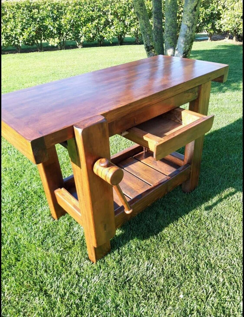 Carpenter's workbench for veranda or kitchen island INDUSTRIAL style solid wood with drawer and vice 117x57xh83 cm