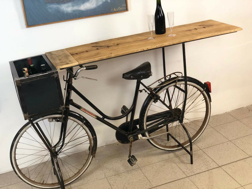 Console table Bar Pub Pub Pubs INDUSTRIAL style wooden shelf bottle holder and vintage bicycle recycling frame 175x50xh110 cm