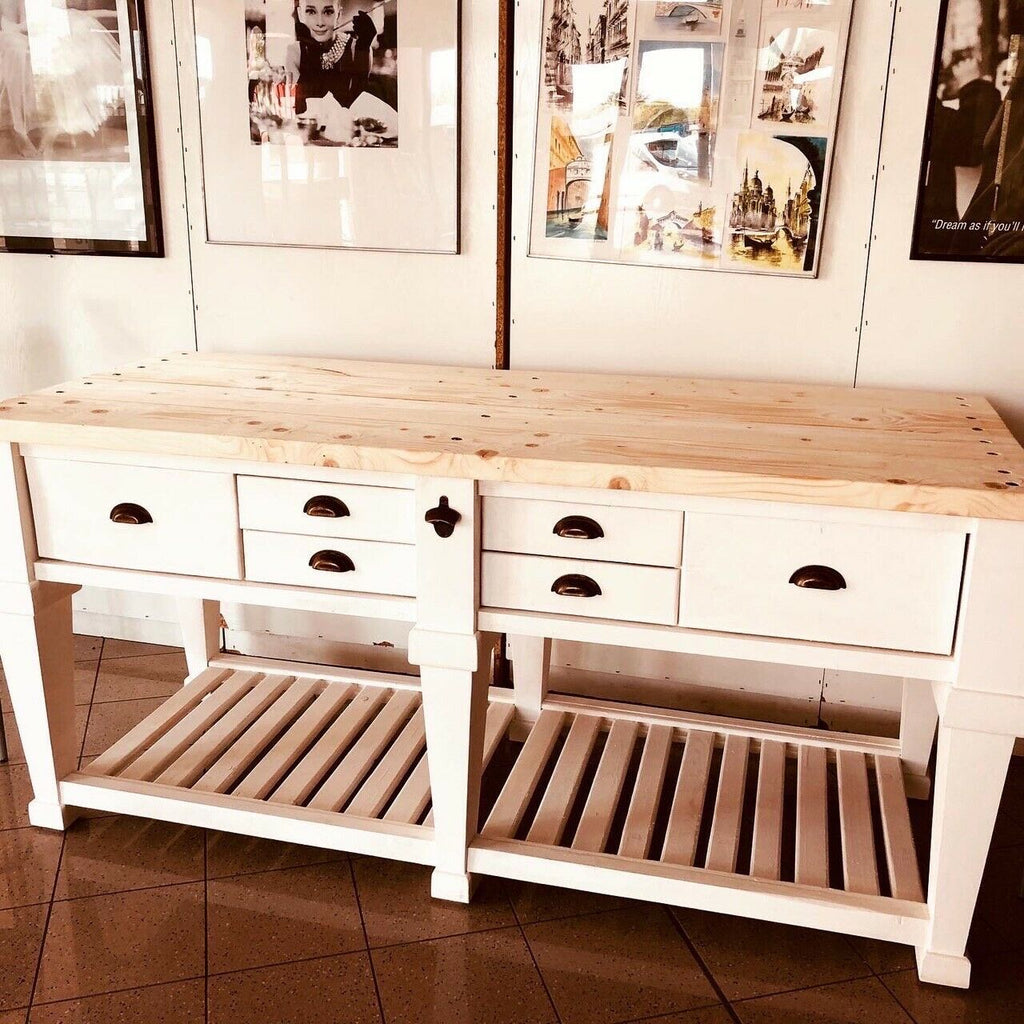 Raised kitchen island table COUNTRY style console in white SHABBY solid wood drawers and open shelf 200x80xh96 cm