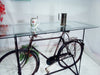 Consolle con piano in vetro per Bar Pub Birrerie stile INDUSTRIAL cavalletto telaio in ferro con bicicletta vintage riciclo 180x80xh110 cm