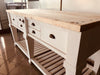 Tavolo rialzato isola cucina Consolle stile COUNTRY in bianco  SHABBY legno massello cassetti e ripiano a giorno 200x80xh96 cm