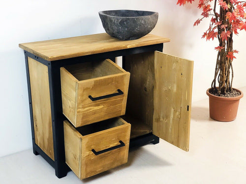 Mehrzweck-Badezimmerschrank oder Sideboard im Industriestil aus Massivholz und Eisenrahmen, optionales Steinwaschbecken, 90 x 45 x 80 cm