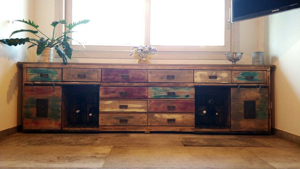 INDUSTRIAL style living room sideboard in solid wood with drawers and sliding doors on rails 300x50xh90 cm