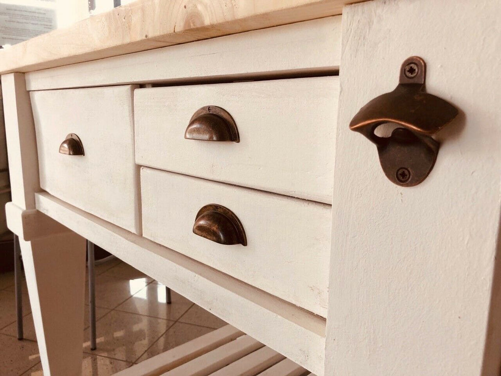 Raised kitchen island table COUNTRY style console in white SHABBY solid wood drawers and open shelf 200x80xh96 cm