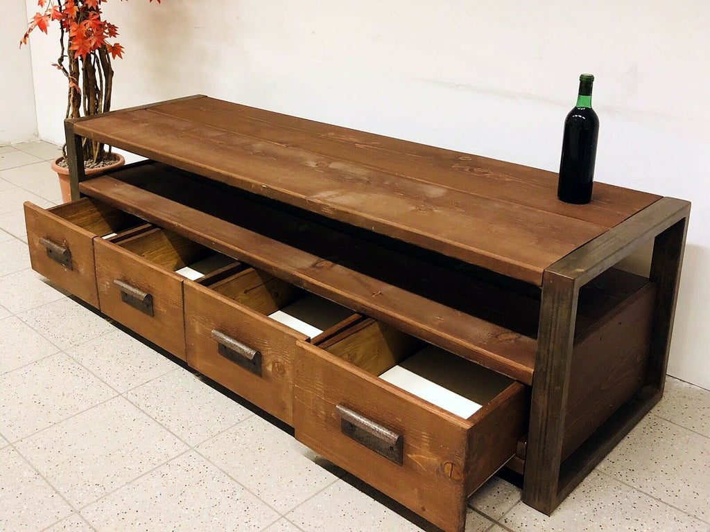 Low living room furniture INDUSTRIAL style TV stand in solid wood 4 drawers and open compartment 180X45h60 cm