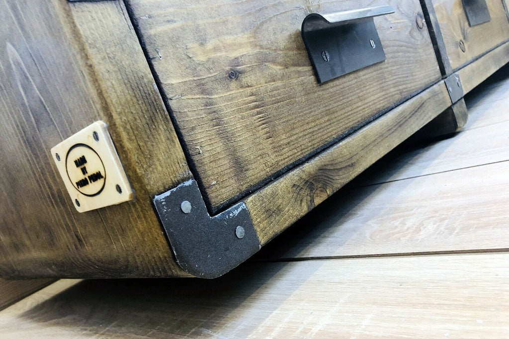 Mobile basso soggiorno porta TV stile INDUSTRIAL legno massello con cassetti e vani a giorno misure 200X40h50 cm