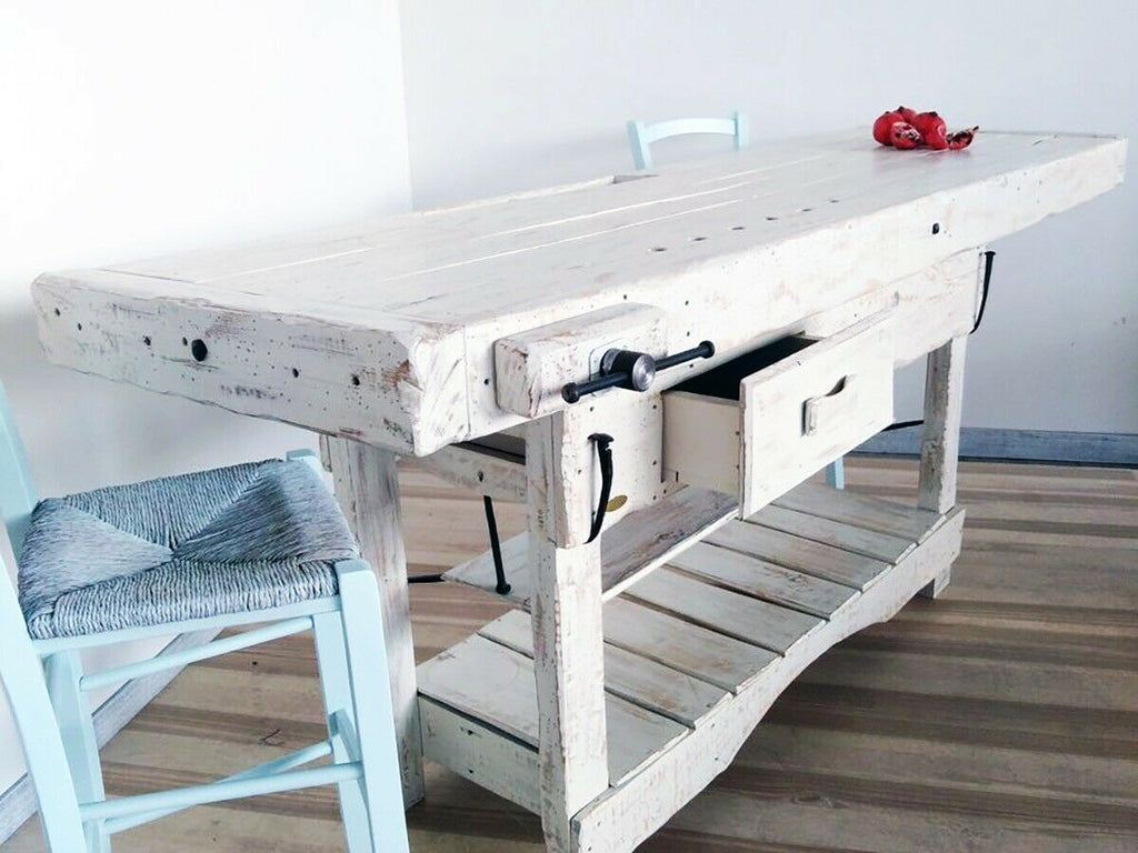 Carpenter's workbench for kitchen island furniture in mixed style INDUSTRIAL white solid wood SHABBY 190x70xh80 cm