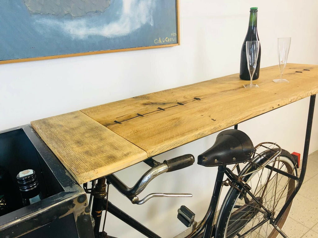 Tavolo Consolle Bar Pub Birrerie stile INDUSTRIAL ripiano legno porta bottiglie e telaio riciclo bicicletta vintage 175x50xh110 cm