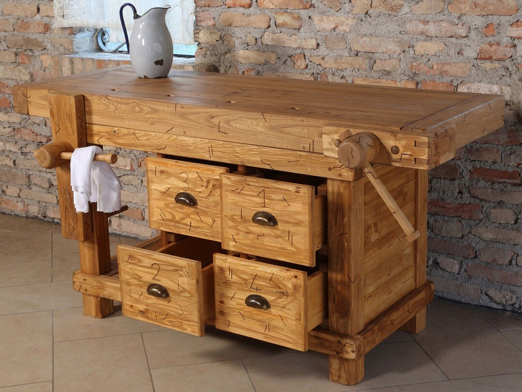 Carpenter's workbench for kitchen island furniture living room bathroom INDUSTRIAL style solid wood 4 drawers 2 vices 160x55xh85 cm
