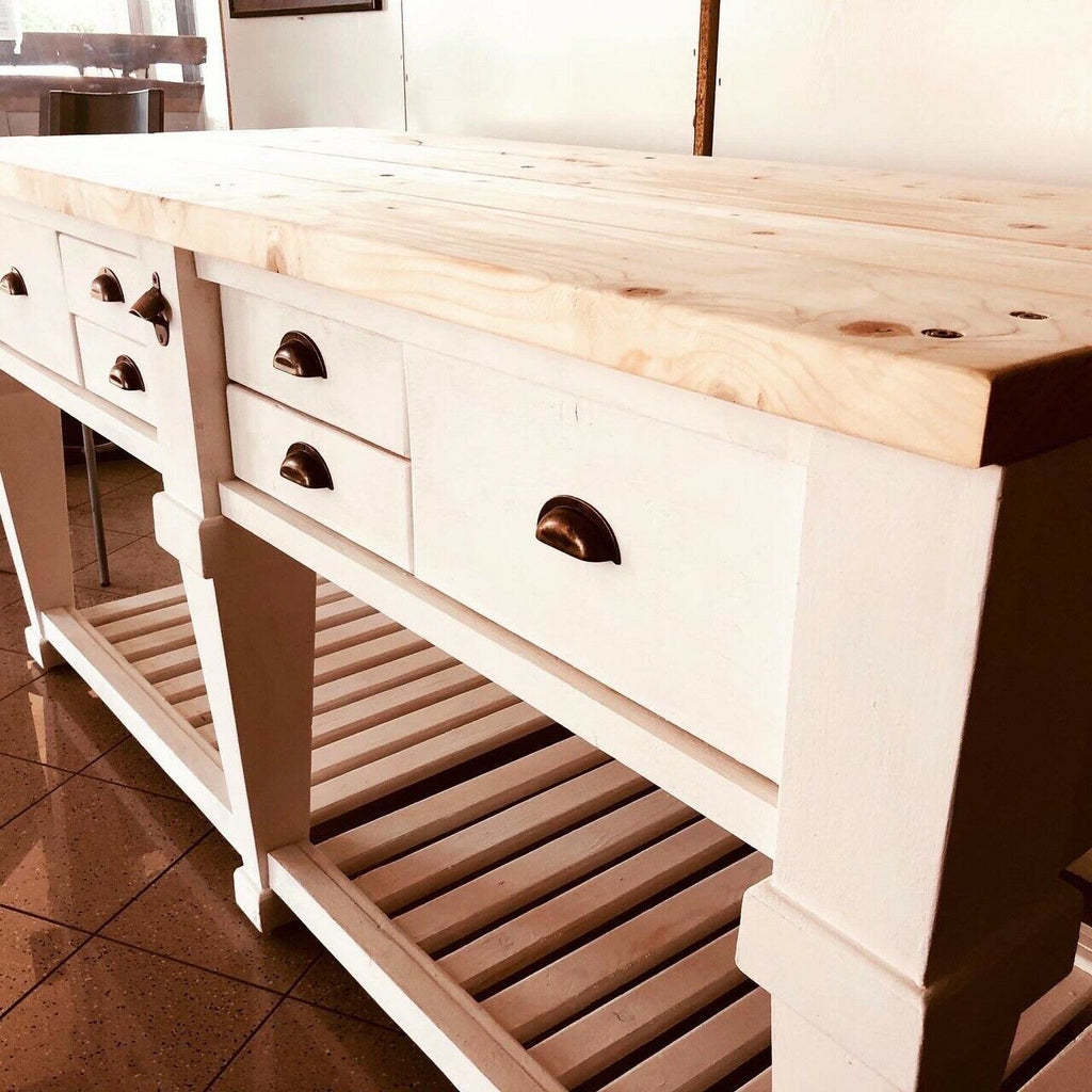 Tavolo rialzato isola cucina Consolle stile COUNTRY in bianco  SHABBY legno massello cassetti e ripiano a giorno 200x80xh96 cm