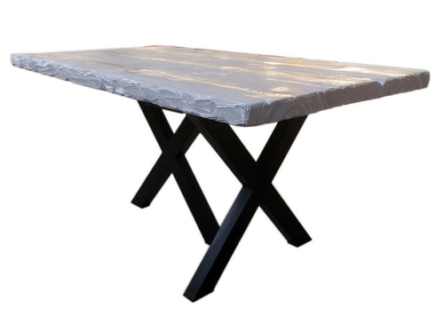 INDUSTRIAL style table in brushed solid wood with concrete grey relief and iron legs, dimensions 170x80xh80 cm