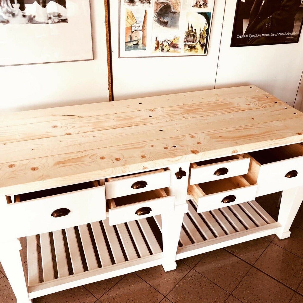 Raised kitchen island table COUNTRY style console in white SHABBY solid wood drawers and open shelf 200x80xh96 cm
