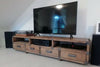 Mobile basso soggiorno porta TV stile INDUSTRIAL legno massello con cassetti e vani a giorno misure 200X40h50 cm