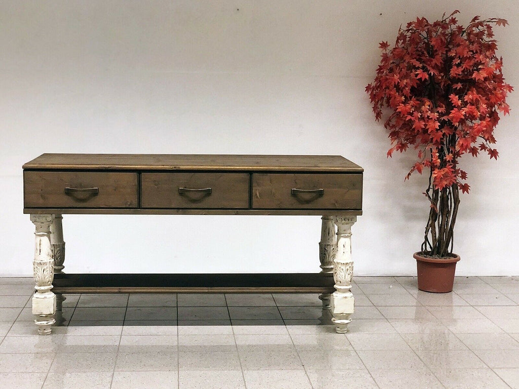 Raised table Mixed style kitchen island console COUNTRY / SHABBY solid wood drawers and open shelf 170x65xh90 cm