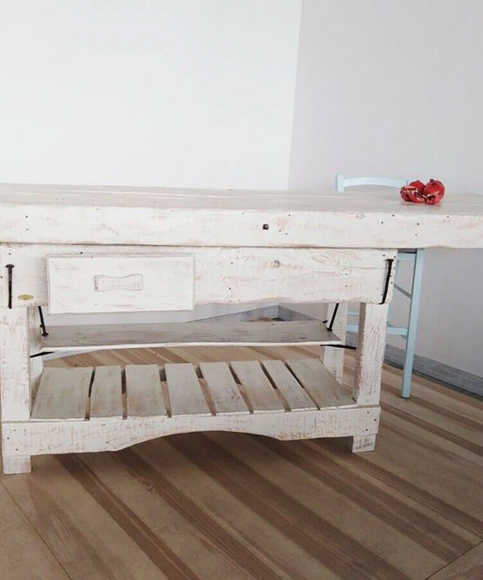 Carpenter's workbench for kitchen island furniture in mixed style INDUSTRIAL white solid wood SHABBY 190x70xh80 cm