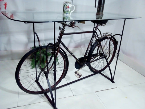 Console with glass top for Bar Pub Breweries INDUSTRIAL style iron frame stand with vintage recycled bicycle 180x80xh110 cm