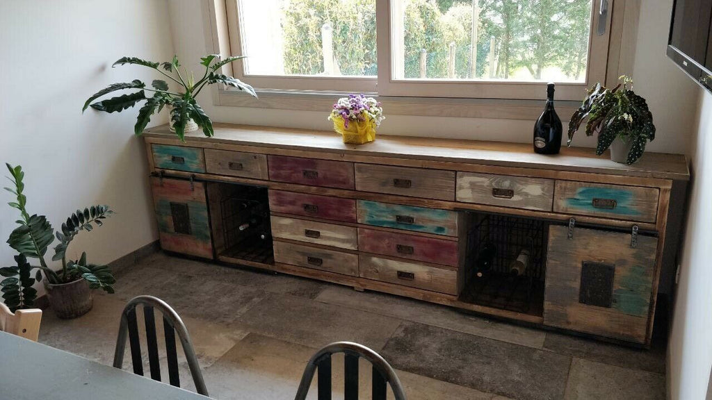 INDUSTRIAL style living room sideboard in solid wood with drawers and sliding doors on rails 300x50xh90 cm